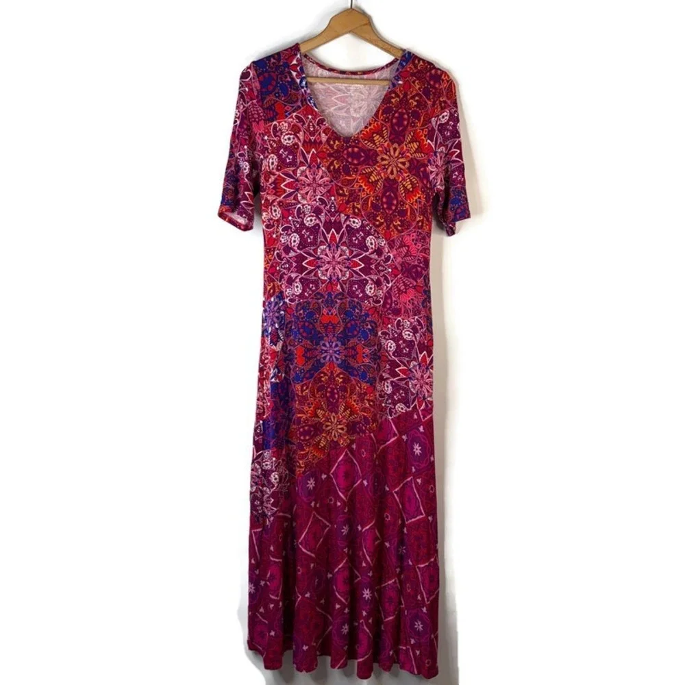 Soft Surroundings Maxi Dress Women Small Pink Mandala Geometric V-Neck Boho